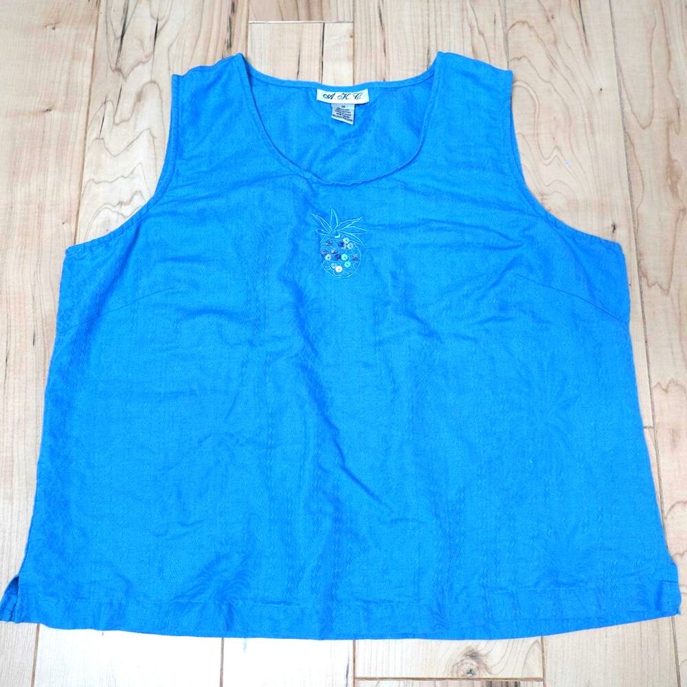 AKC Linen Blend Tank Top Blue 1X Embroidered
